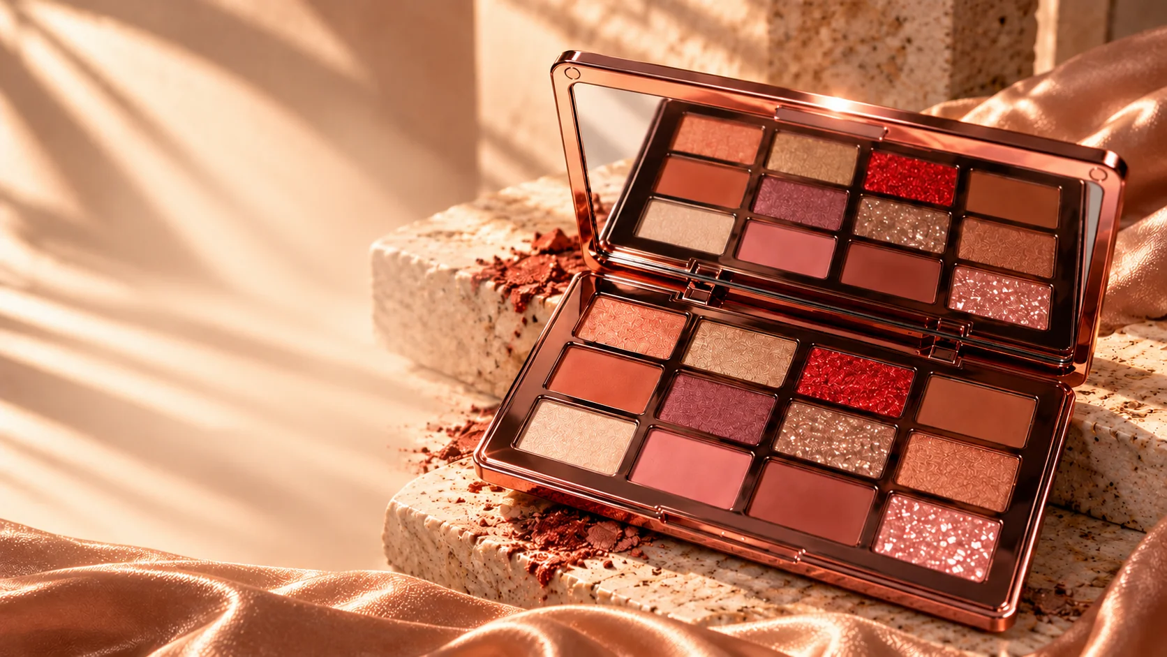 Open Gomar Nude Eyeshadow Palette with twelve warm matte and shimmer shades on copper satin and stone